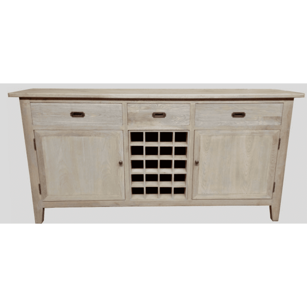 HAMPTON GREYWASHED OAK SIDEBOARD/BUFFET W/20 BOTTLE WINE RACK WITH 3 DRAWERS 2 DOORS 180CM - MyChocolateWood