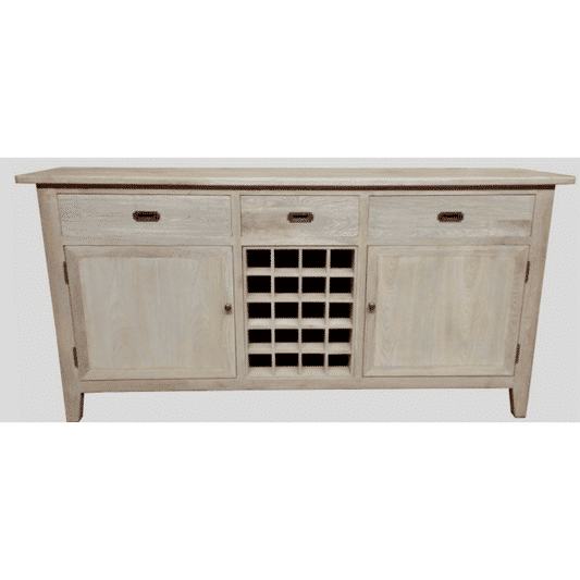 HAMPTON GREYWASHED OAK SIDEBOARD/BUFFET W/20 BOTTLE WINE RACK WITH 3 DRAWERS 2 DOORS 180CM - MyChocolateWood