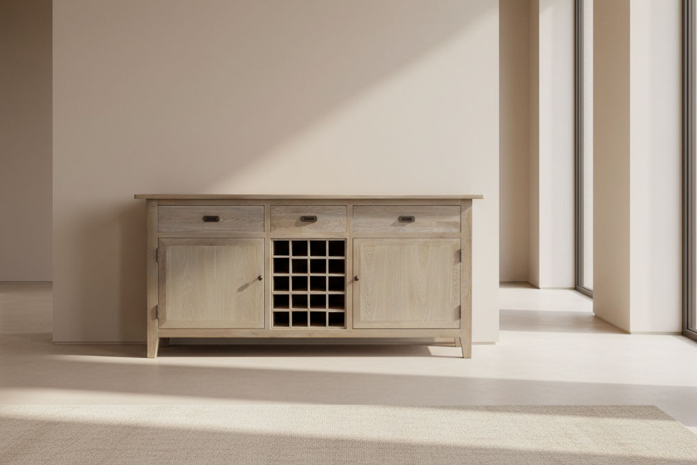 HAMPTON GREYWASHED OAK SIDEBOARD/BUFFET W/20 BOTTLE WINE RACK WITH 3 DRAWERS 2 DOORS 180CM - MyChocolateWood