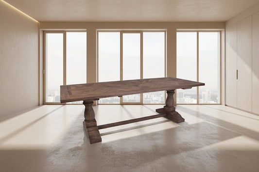HARLOW PARQUET RECLAIMED ELM DINING TABLE WITH PEDESTAL BASE 250CM NATURAL ELM - MyChocolateWood
