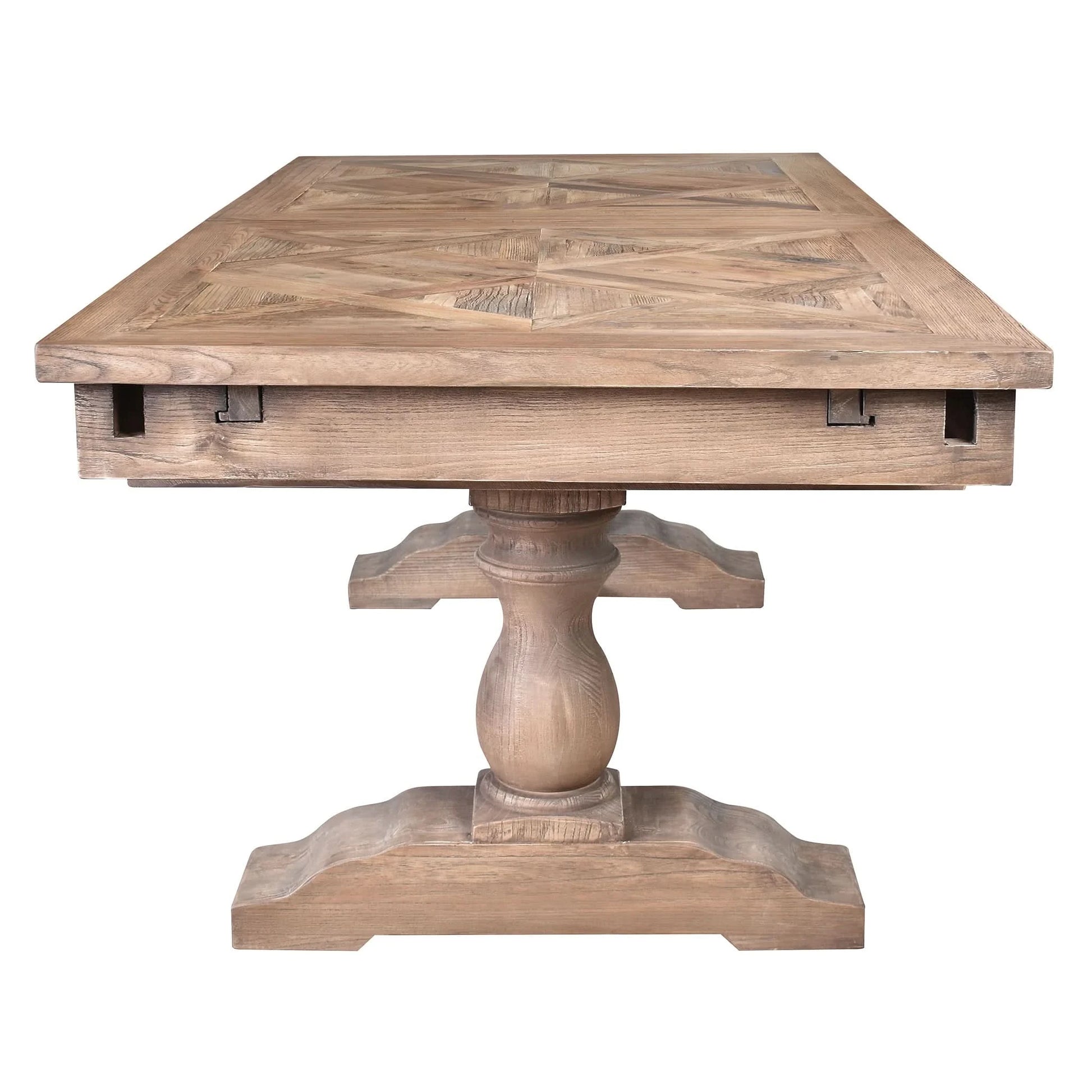HARLOW PARQUET RECLAIMED ELM DOUBLE EXTENSION DINING TABLE WITH PEDESTAL BASE 210/260/310CM NATURAL ELM - MyChocolateWood