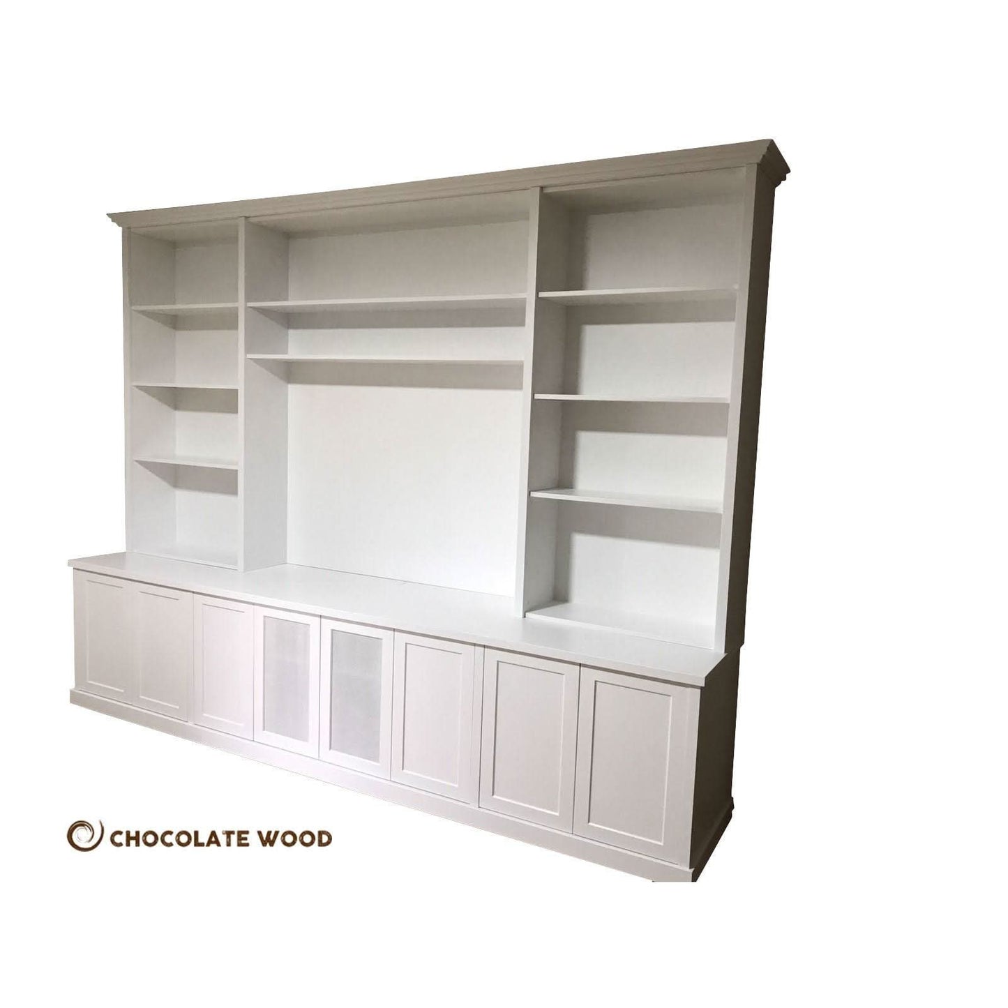 Harrington 5-piece wall unit TV entertainment center and bookshelf by Chocolate Wood, featuring multiple shelves and storage compartments.