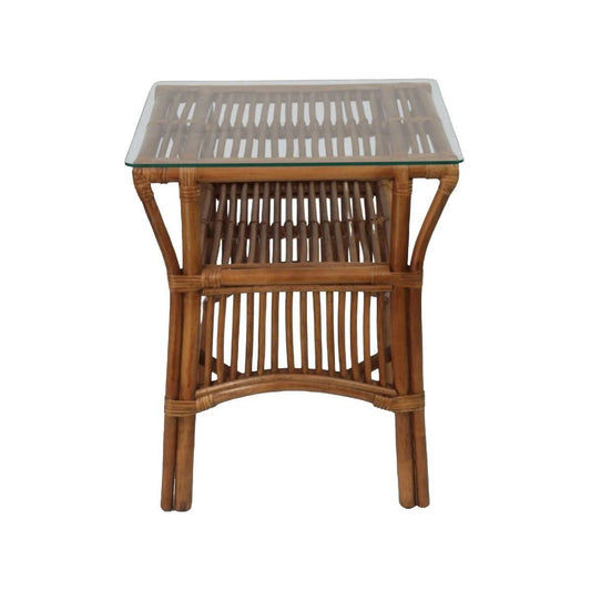 HENDERSON GLASS TOP RATTAN SIDE TABLE IN TOBACCO - MyChocolateWood