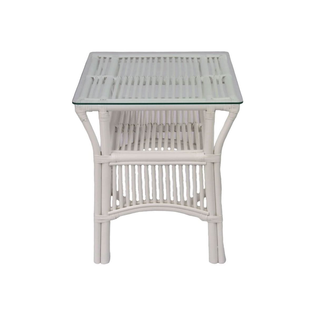 Henderson Glass Top Rattan Side Table in White - Chocolate Wood