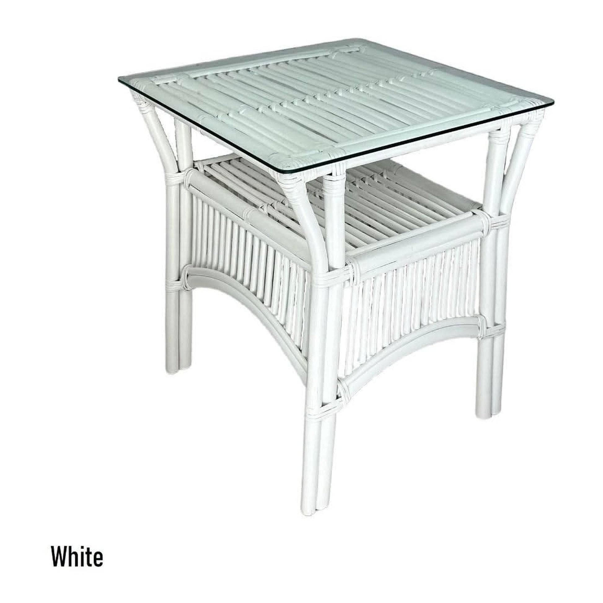 Henderson Glass Top Rattan Side Table in White - Chocolate Wood