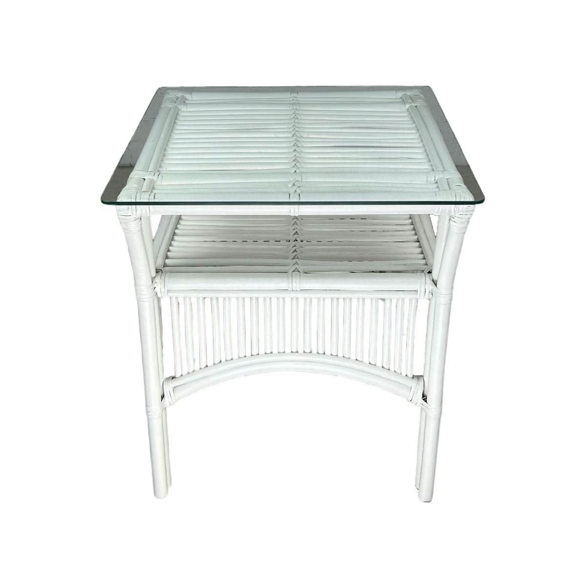 Henderson Glass Top Rattan Side Table in White - Chocolate Wood