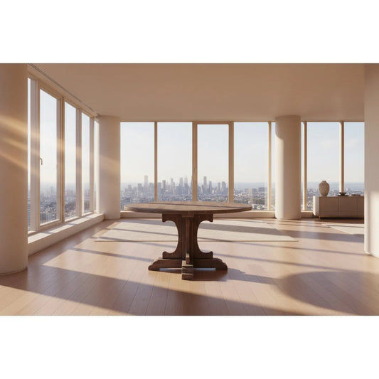 IVERSON OLD ELMWOOD ROUND PEDESTAL DINING TABLE NATURAL ELM COLOUR 140CM - MyChocolateWood
