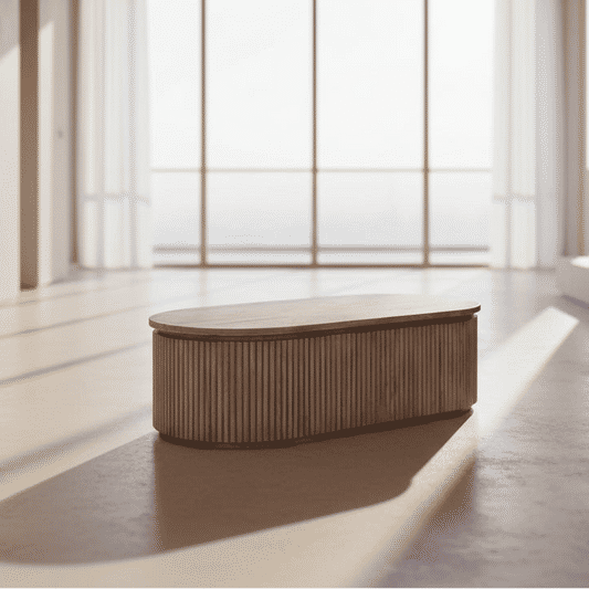 Natural wooden JARVIS slatted coffee table by MyChocolateWood with old elm finish, showcasing a modern rustic design.