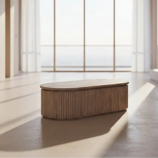 Natural wooden JARVIS slatted coffee table by MyChocolateWood with old elm finish, showcasing a modern rustic design.