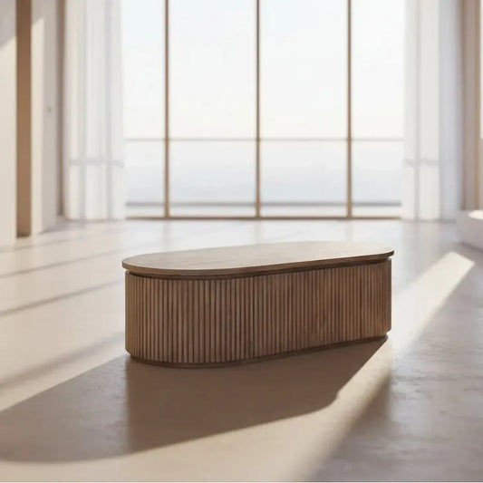 Natural wooden JARVIS slatted coffee table by Chocolate Wood with old elm finish, showcasing a modern rustic design.