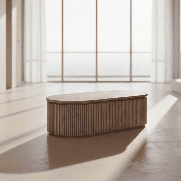 Natural wooden JARVIS slatted coffee table by MyChocolateWood with old elm finish, showcasing a modern rustic design.