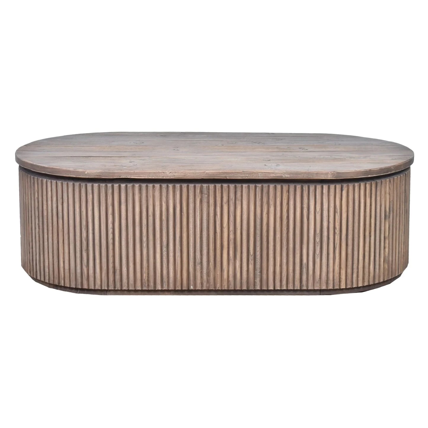Natural wooden JARVIS slatted Old Elm coffee table by MyChocolateWood, showcasing its rustic design and textured surface.