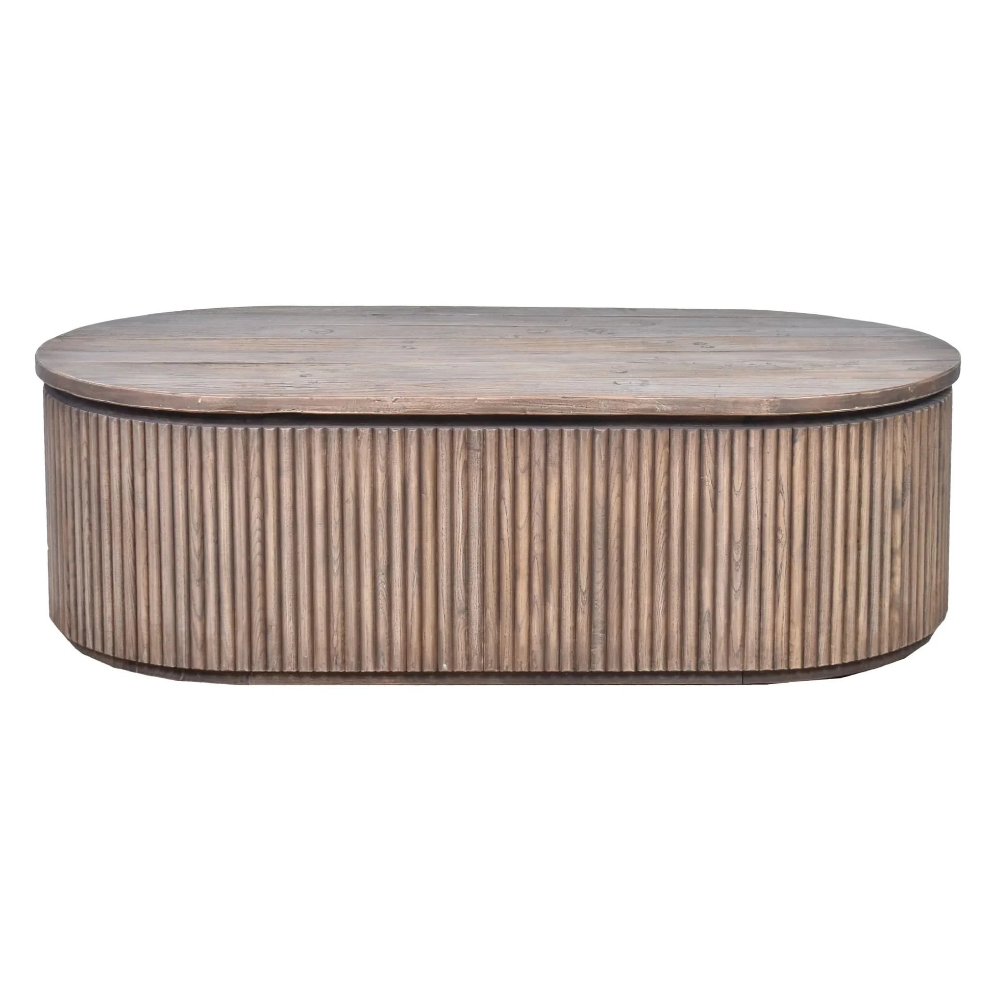 Natural wooden JARVIS slatted Old Elm coffee table by MyChocolateWood, showcasing its rustic design and textured surface.