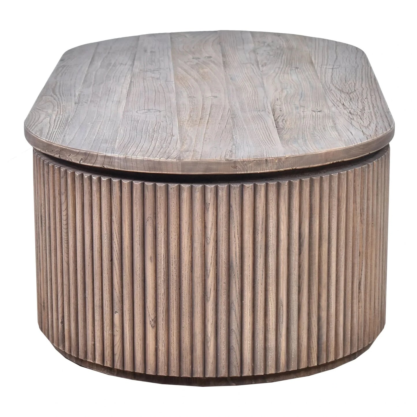 Natural slatted Old Elm coffee table by MyChocolateWood featuring a sleek design and warm wood tones.
