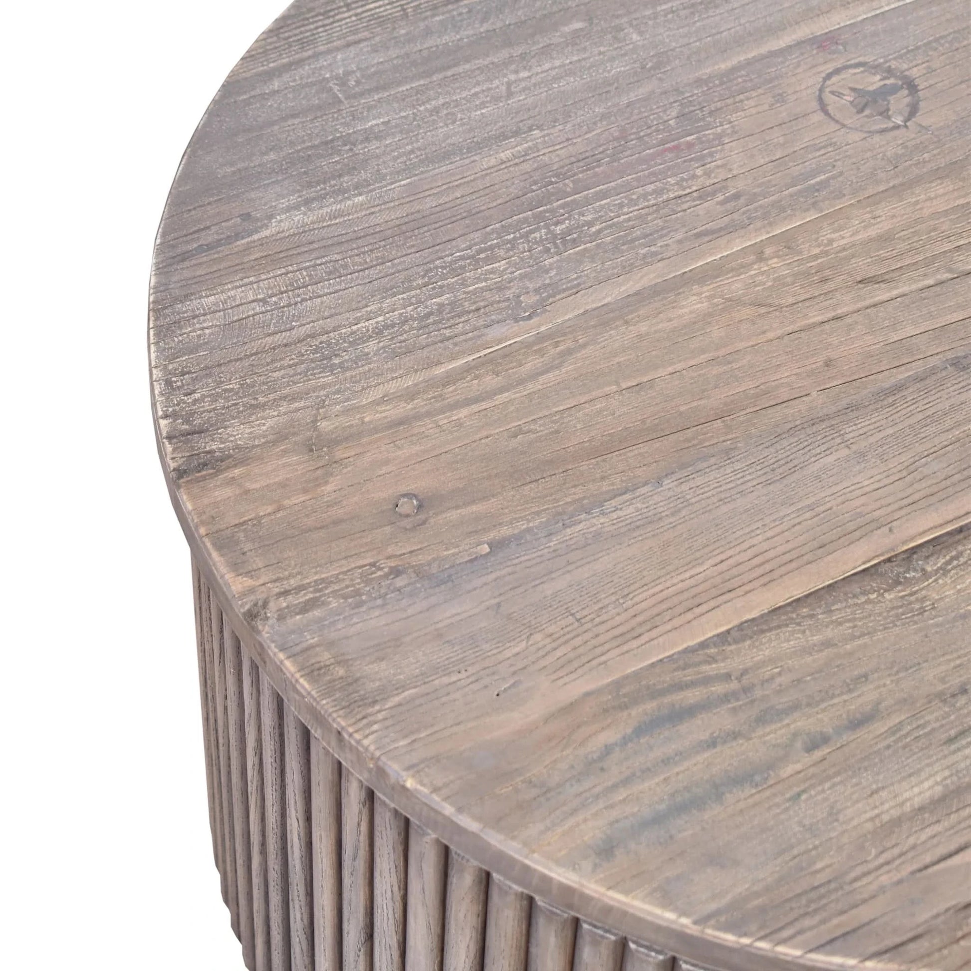 Natural old elm coffee table with slatted design by MyChocolateWood, showcasing a rustic, handcrafted wooden surface.