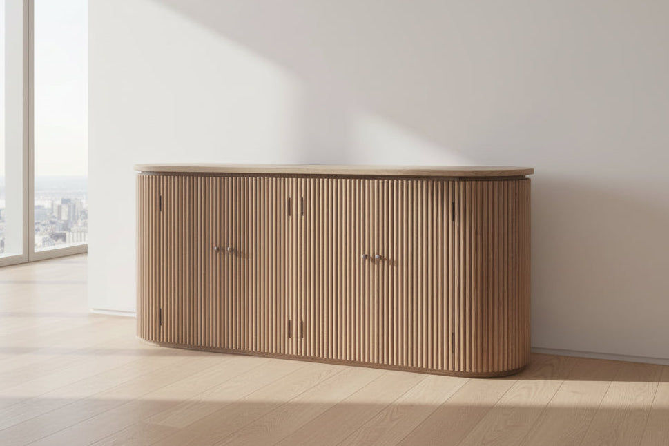 Jarvis slatted old elm sideboard by MyChocolateWood featuring natural wood finish and modern buffet design