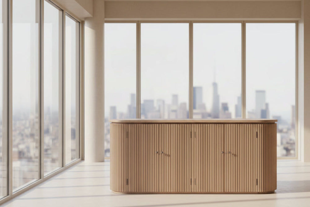 MyChocolateWood Jarvis slatted old elm sideboard with natural finish, showcasing sleek design and wooden slatted exterior.