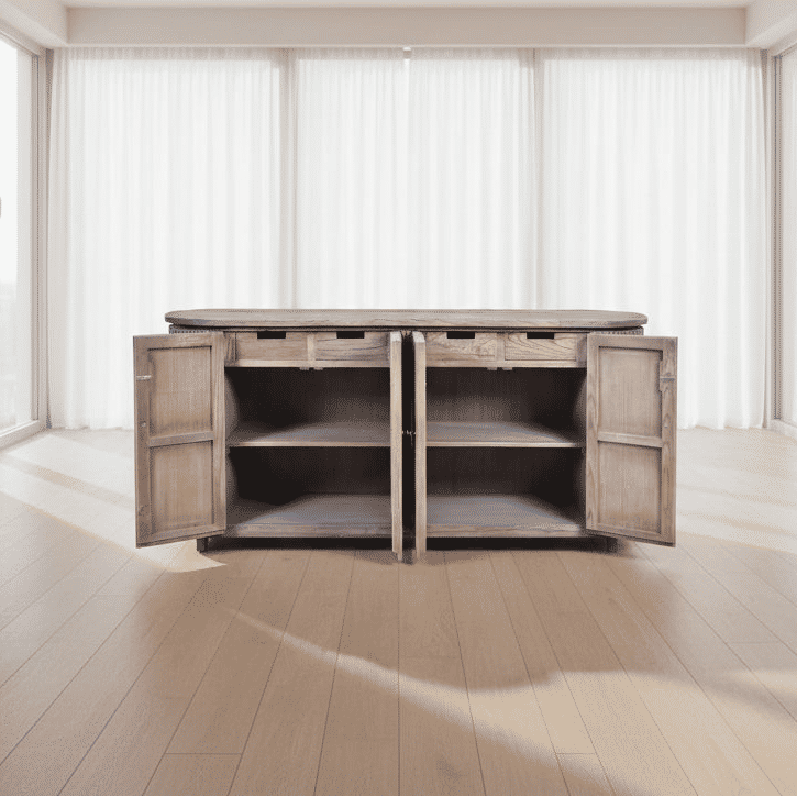 MyChocolateWood JARVIS slatted sideboard in natural old elm wood with a modern buffet design, featuring clean lines and wooden slats.