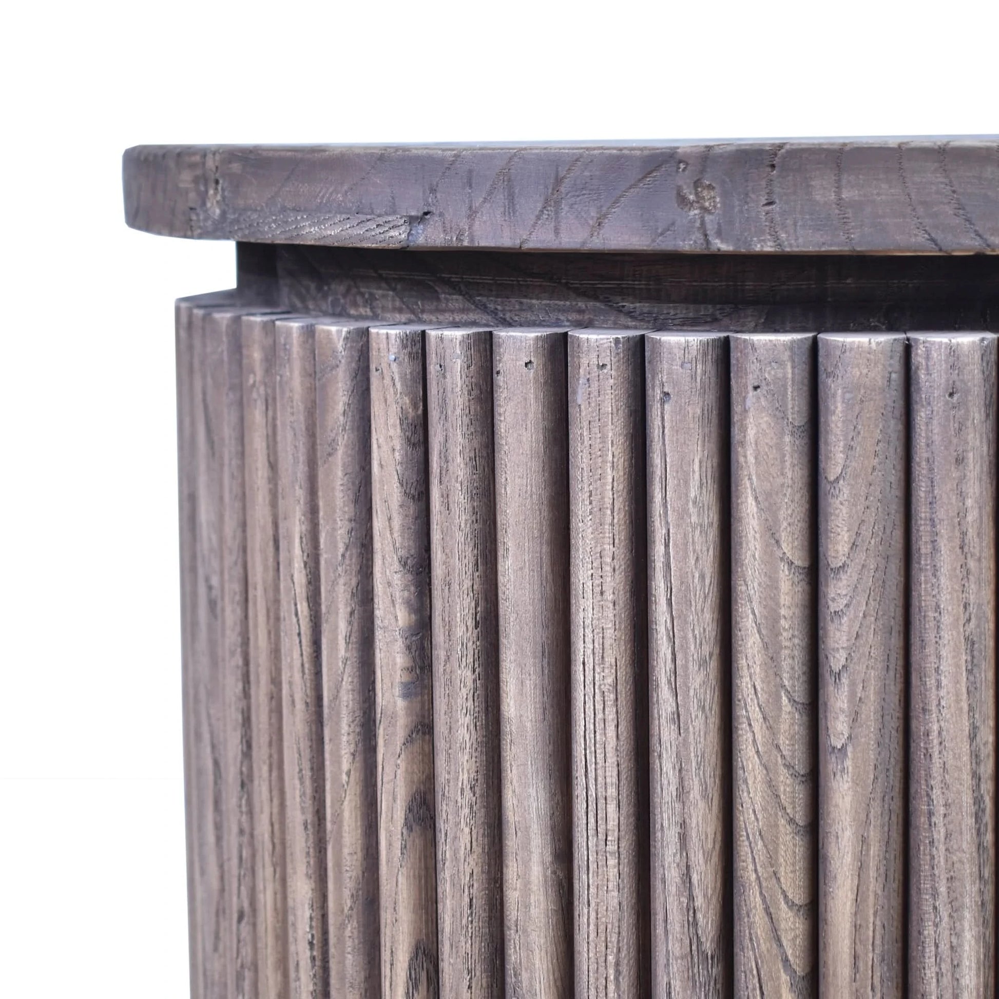 MyChocolateWood Jarvis slatted old elm sideboard with natural finish, featuring a modern buffet design with slatted detailing.