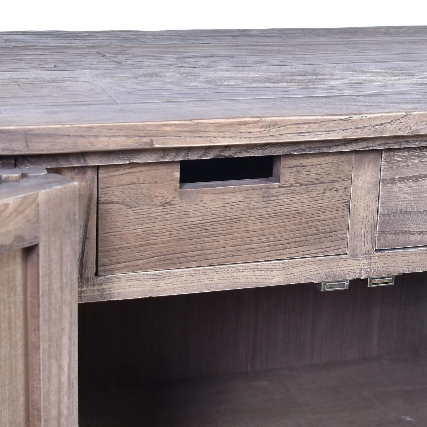 Jarvis slatted sideboard made of old elm wood with natural finish by MyChocolateWood, showcasing a modern storage furniture piece.