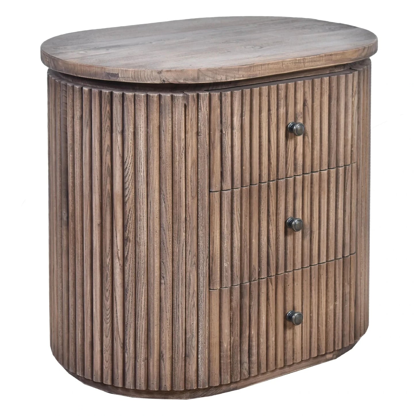 MyChocolateWood Jarvis slatted old elm side table with natural finish, versatile lamp and bedside table with wooden slats.