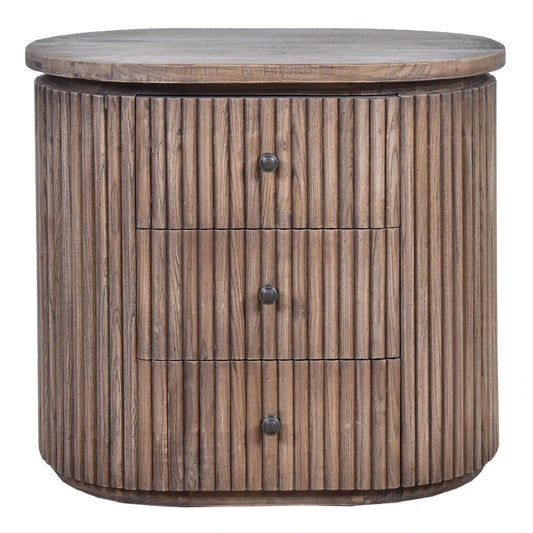 Jarvis slatted old elm side table with lamp, natural finish, showcasing modern wooden design for bedside or living room use.