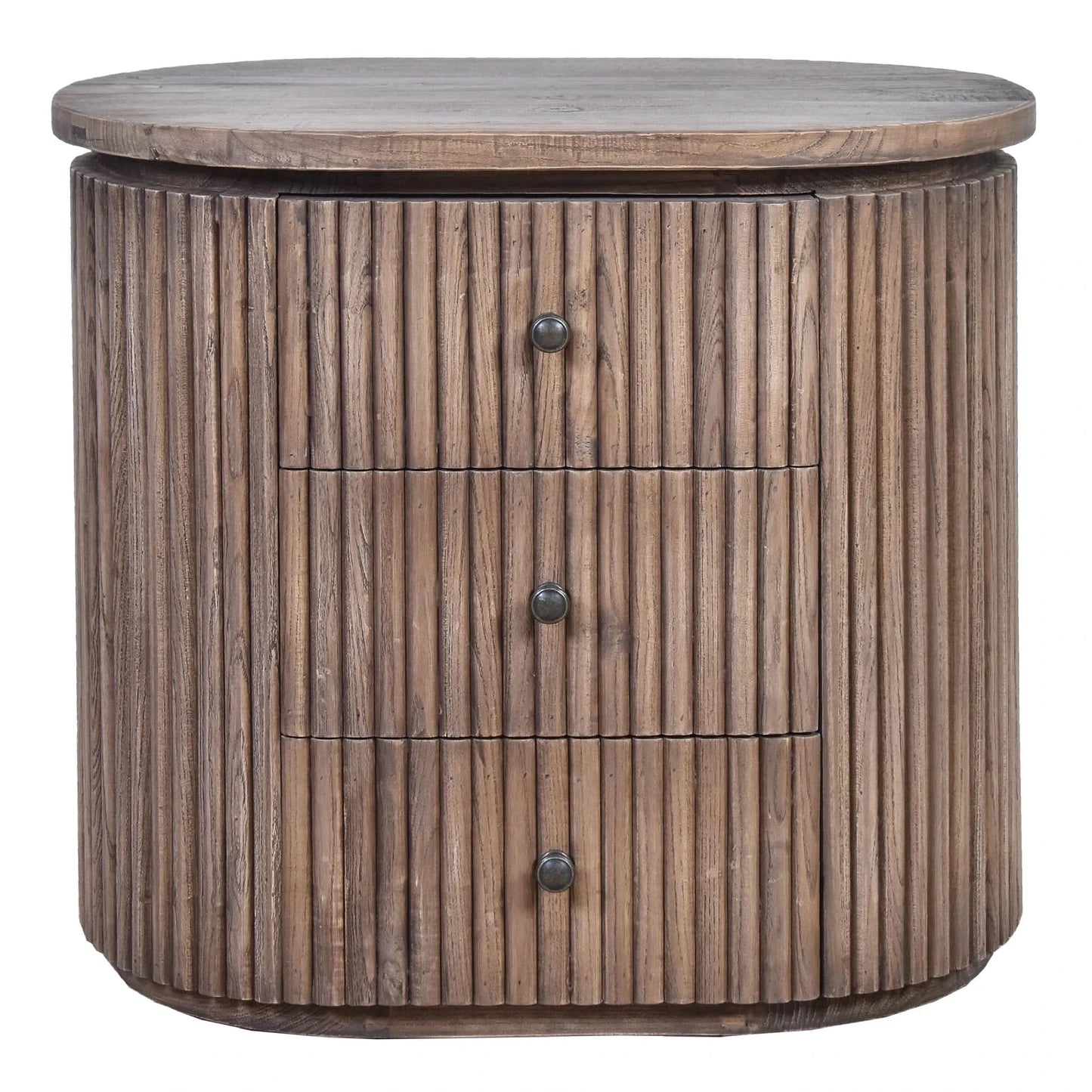 Jarvis slatted old elm side table with lamp, natural finish, showcasing modern wooden design for bedside or living room use.