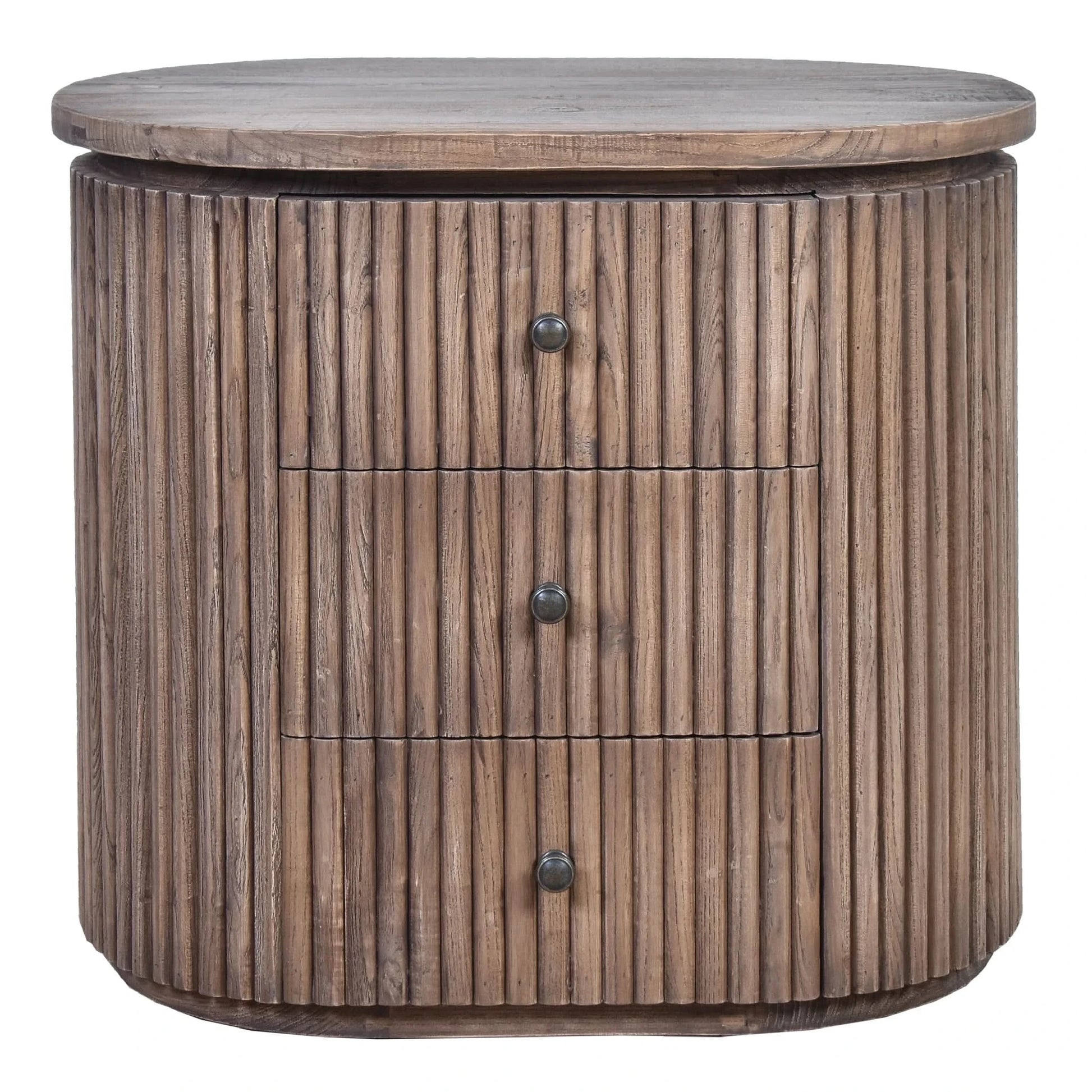 Jarvis slatted old elm side table with lamp, natural finish, showcasing modern wooden design for bedside or living room use.