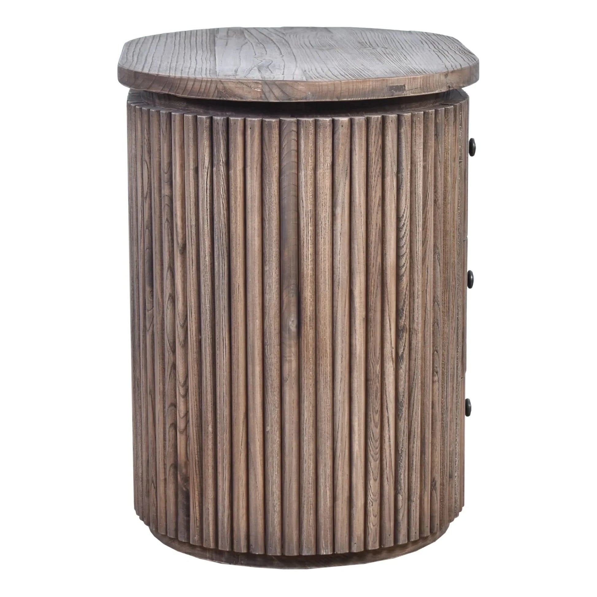 Jarvis slatted old elm side table by MyChocolateWood, natural finish, versatile lamp or bedside table with slatted design.