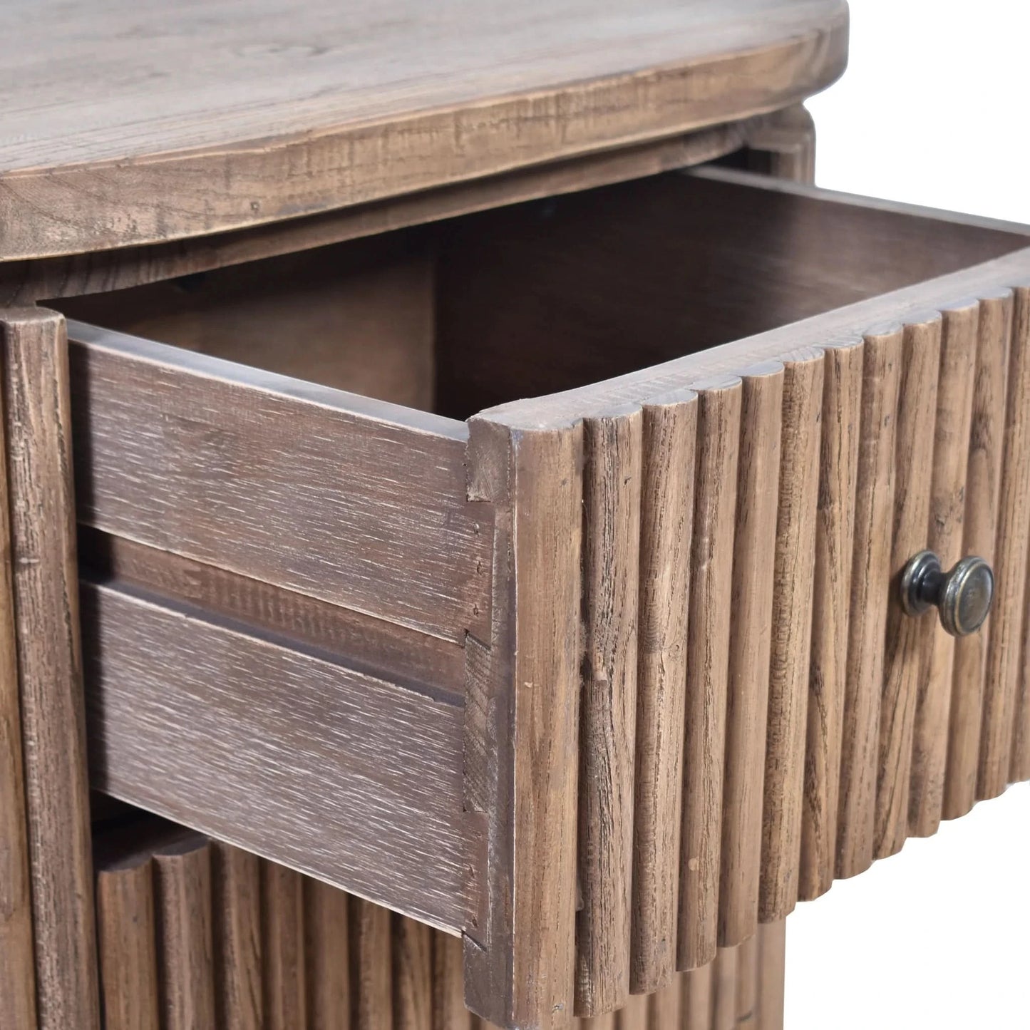 Jarvis slatted old elm side table from MyChocolateWood, natural finish, with a sleek lamp table design for bedside or living room use.