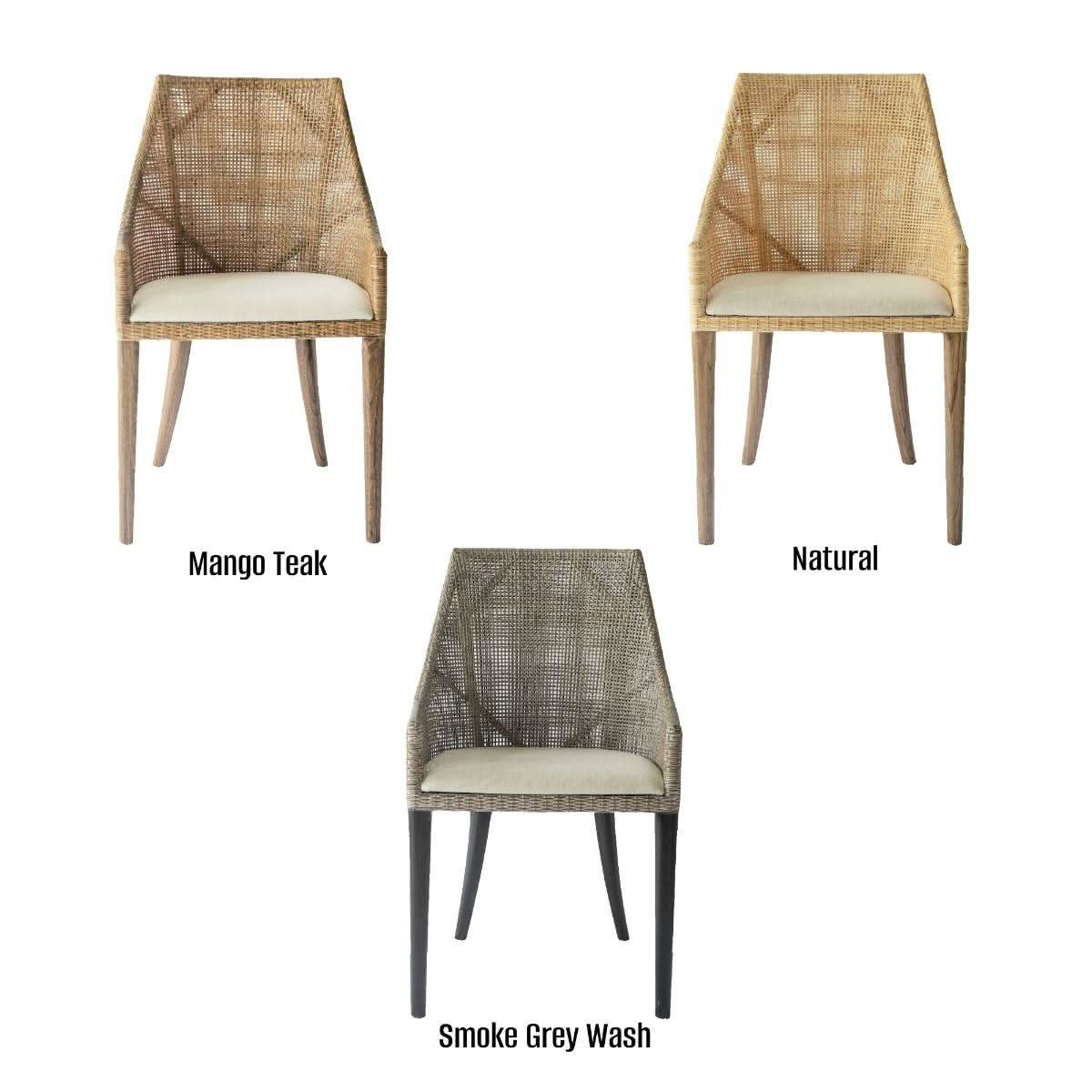 JENALLI Hamptons rattan dining chair in smoked greywash by MyChocolateWood, showcasing a stylish lounge chair design with rattan detailing.