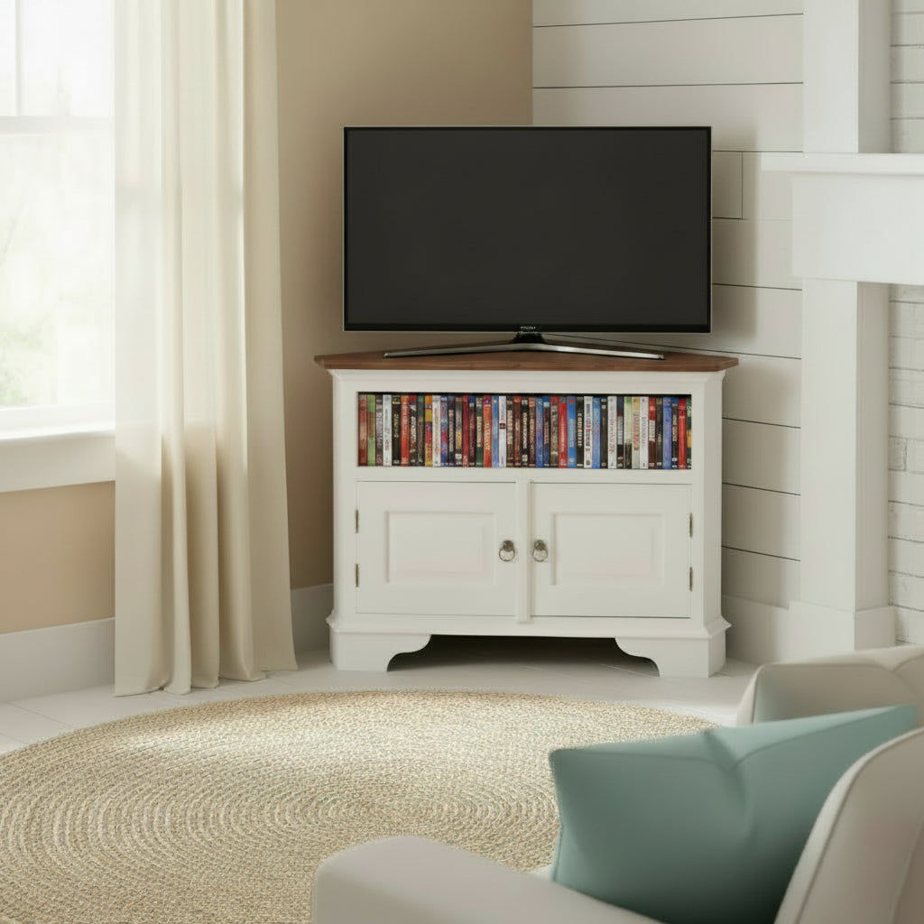Jeremiah Corner Solid Mahogany TV Unit in White / Caramel - Chocolate Wood