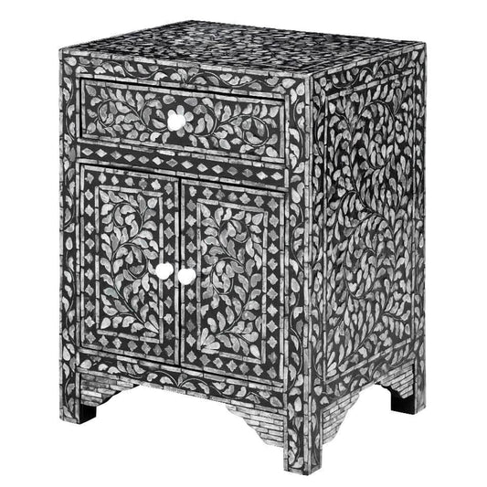JORDAN SHELL INLAY 1 DRAWER & 2 DOOR BEDSIDE TABLE - MyChocolateWood