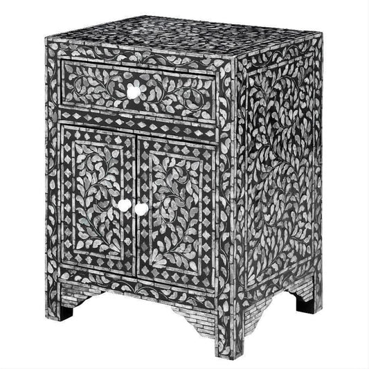 JORDAN SHELL INLAY 1 DRAWER & 2 DOOR BEDSIDE TABLE