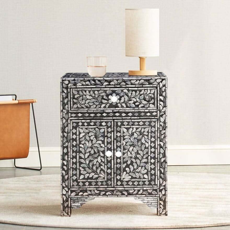JORDAN SHELL INLAY 1 DRAWER & 2 DOOR BEDSIDE TABLE - MyChocolateWood