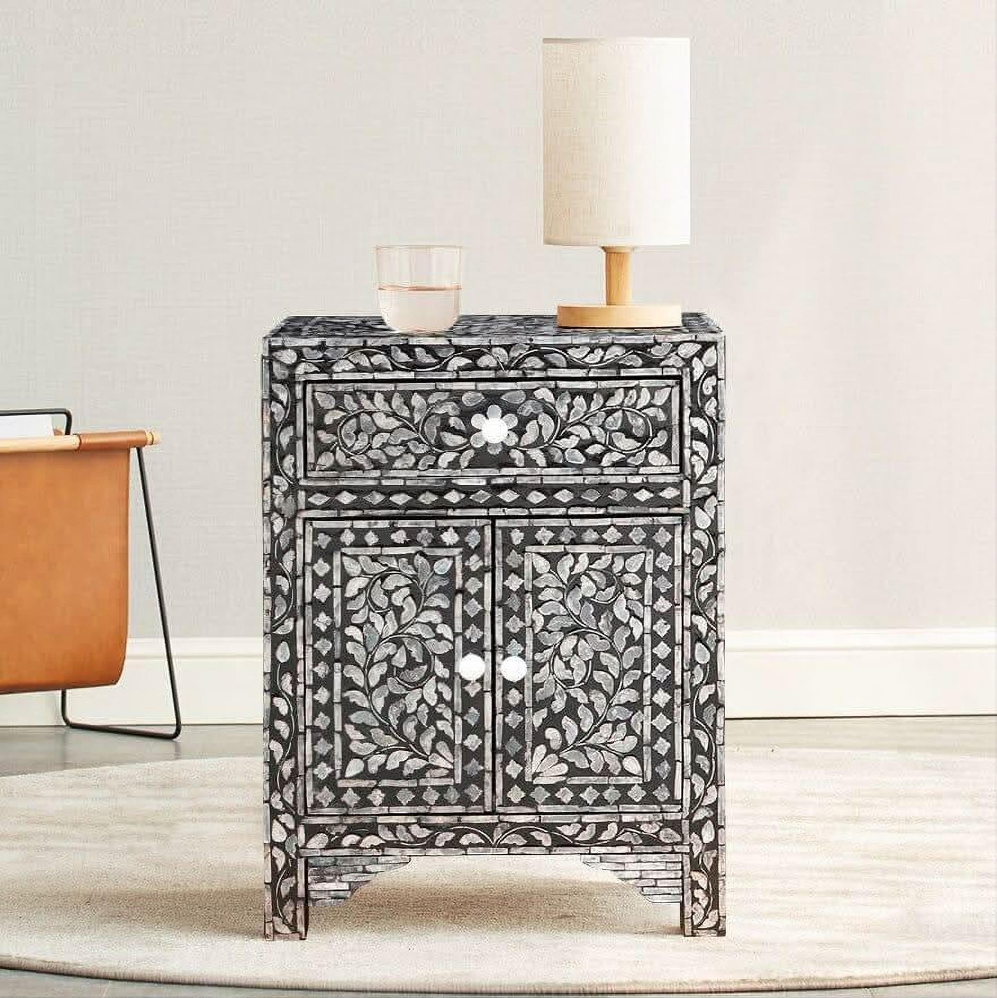 JORDAN SHELL INLAY 1 DRAWER & 2 DOOR BEDSIDE TABLE