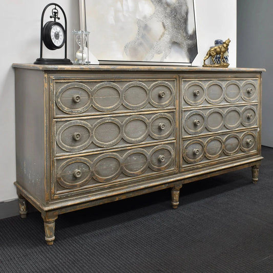 JUNI SOLID RECLAIMED TIMBER RUSTIC 6 DRAWER DRESSER/ 6 DRAWER CHEST OF DRAWERS LIGHT GREY