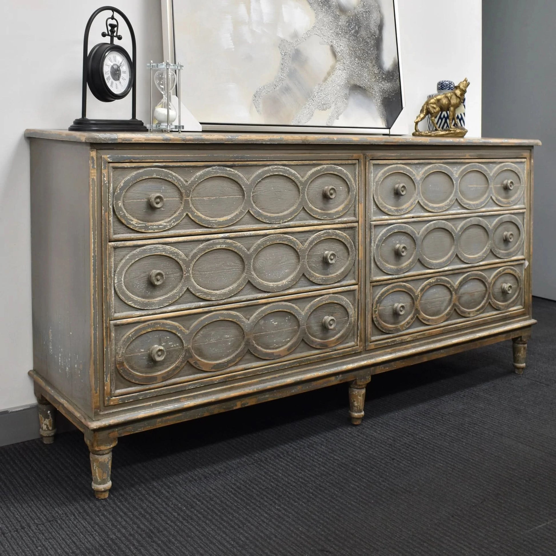 JUNI SOLID RECLAIMED TIMBER RUSTIC 6 DRAWER DRESSER/ 6 DRAWER CHEST OF DRAWERS LIGHT GREY - MyChocolateWood