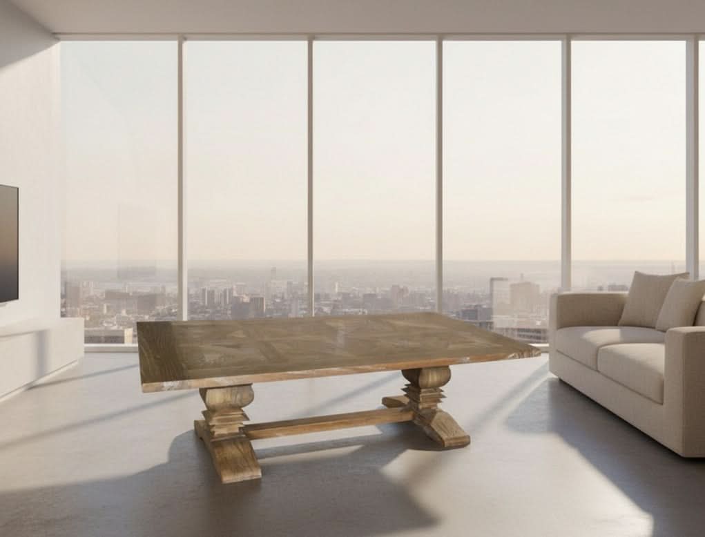 KENSIT RECYCLED ELM HAMPTON RUSTIC COFFEE TABLE PARQUETRY TOP 140CM - MyChocolateWood