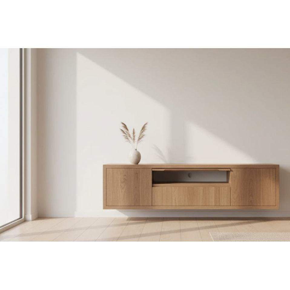 KADRI TASSIE OAK TIMBER WALL MOUNTED TV /ENTERTAINMENT UNIT WITH 2 DOORS 1 TUCKIN & 1 DROP DOWN - MyChocolateWood