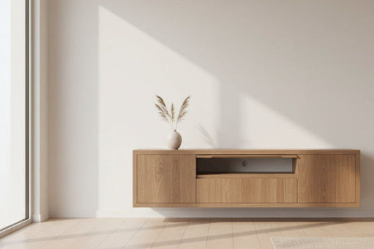 KADRI TASSIE OAK TIMBER WALL MOUNTED TV /ENTERTAINMENT UNIT WITH 2 DOORS 1 TUCKIN & 1 DROP DOWN - MyChocolateWood