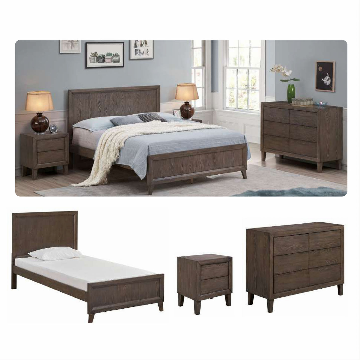 KASIANE RUBBERWOOD 6-DRAWER DRESSER 6-DRAWER CHEST OF DRAWERS CAFE GREY