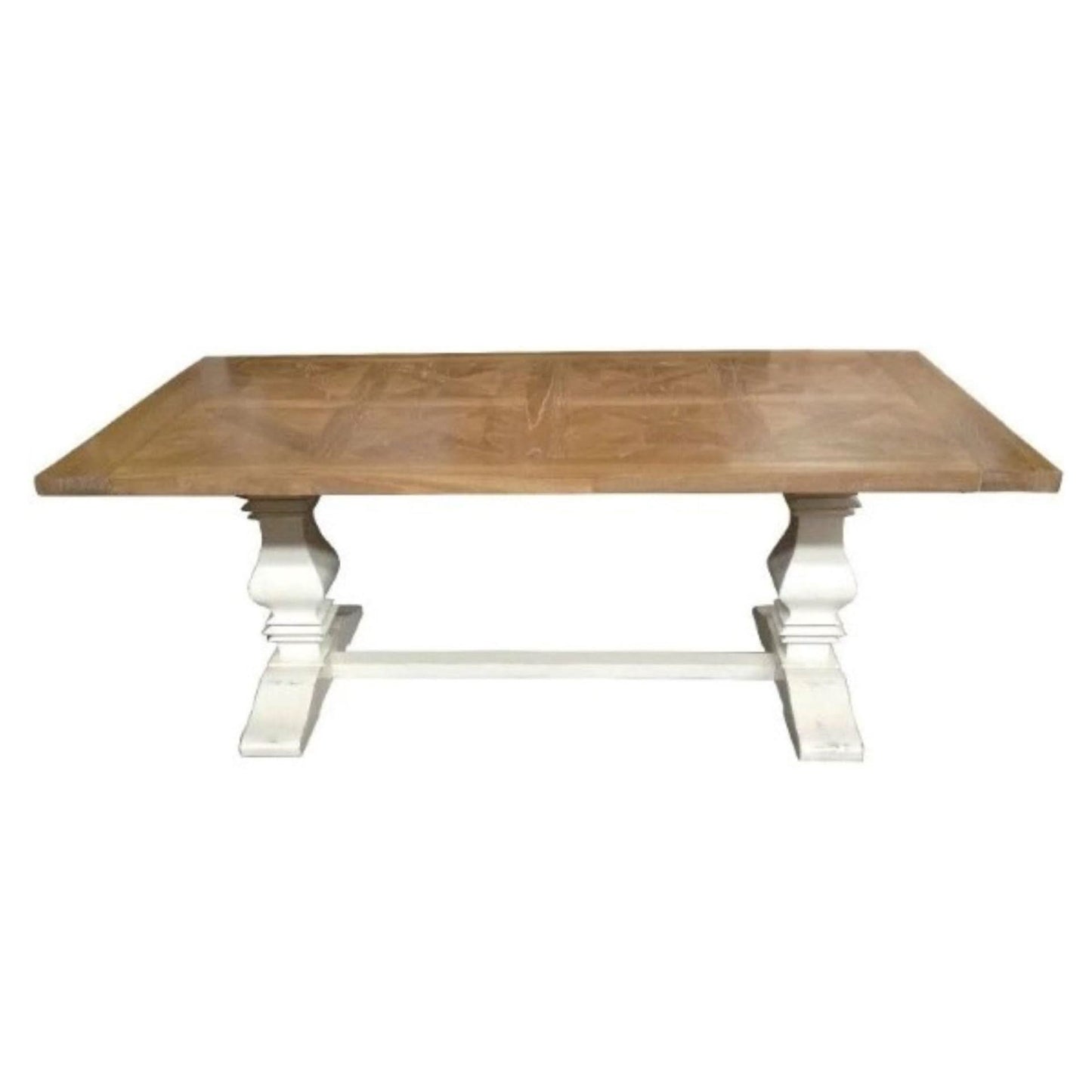 KENSIT HAMPTON RECYCLED ELM DINING TABLE IN 2 TONE FINISH PARQUETRY TOP 245CM + 8 MELROSE CROSS BACK DINING CHAIRS- WHITE - MyChocolateWood