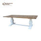 Kensit Hampton Recycled Elm Dining Table 245cm + 8 Melrose Cross Back Dining Chairs in White - Chocolate Wood