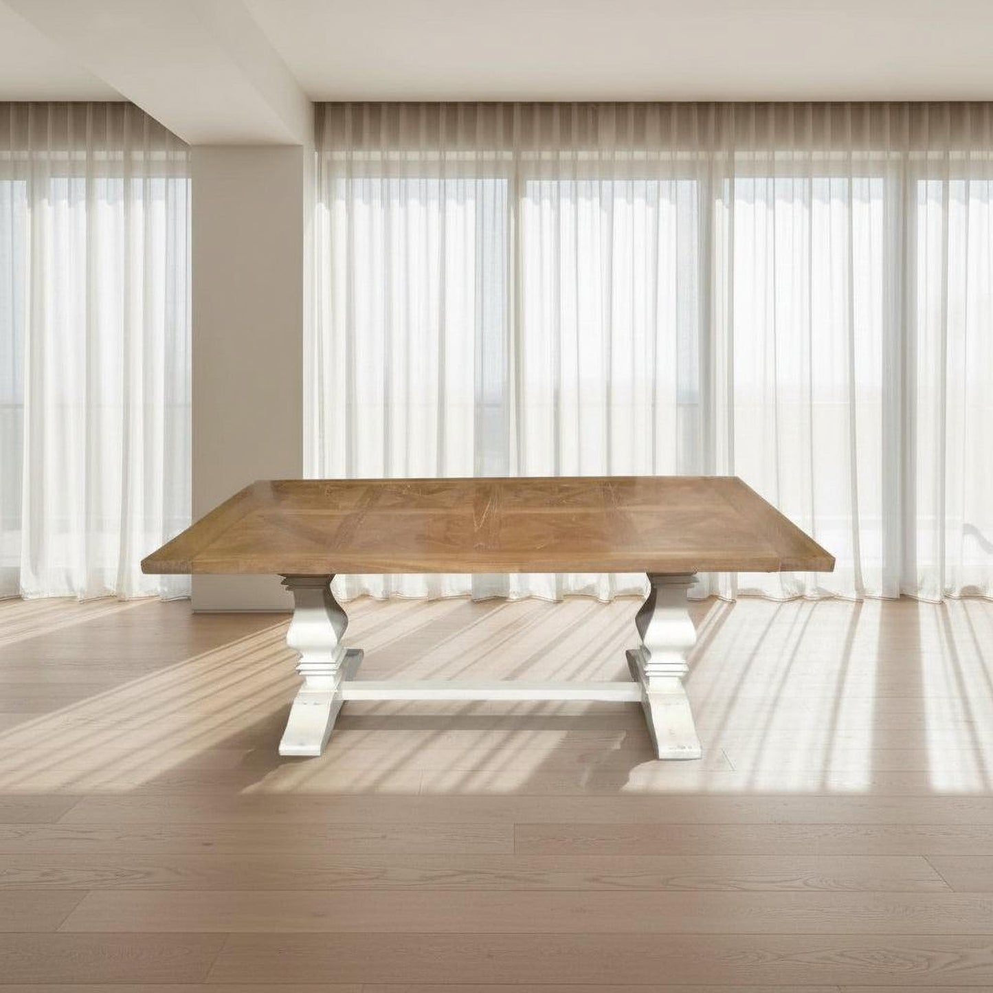 Kensit Hamptons Recycled Elm Parquetry Dining Table, 245cm with White Legs - Chocolate Wood