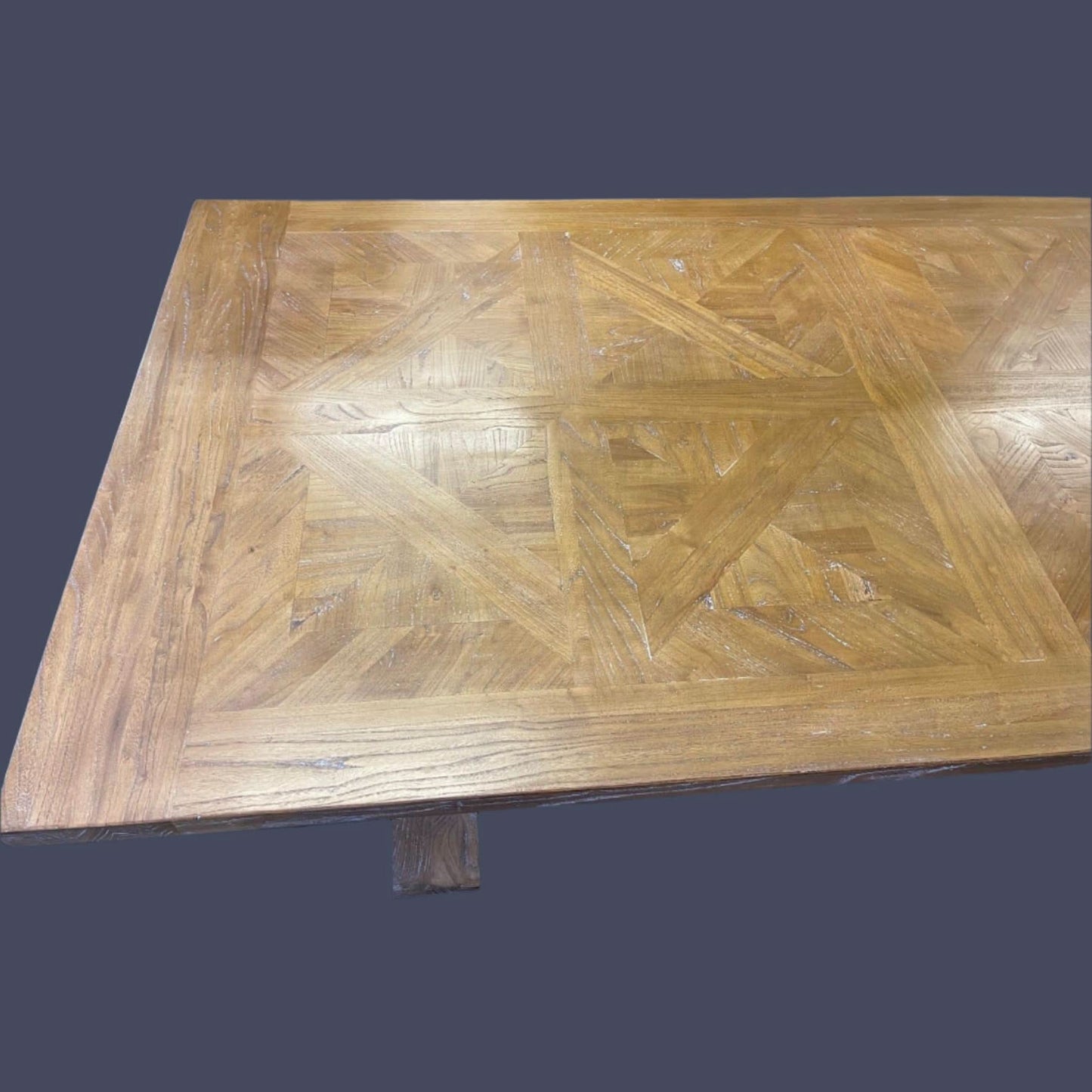 Kensit Hamptons Recycled Elm Parquetry Dining Table, 245cm with White Legs - Chocolate Wood