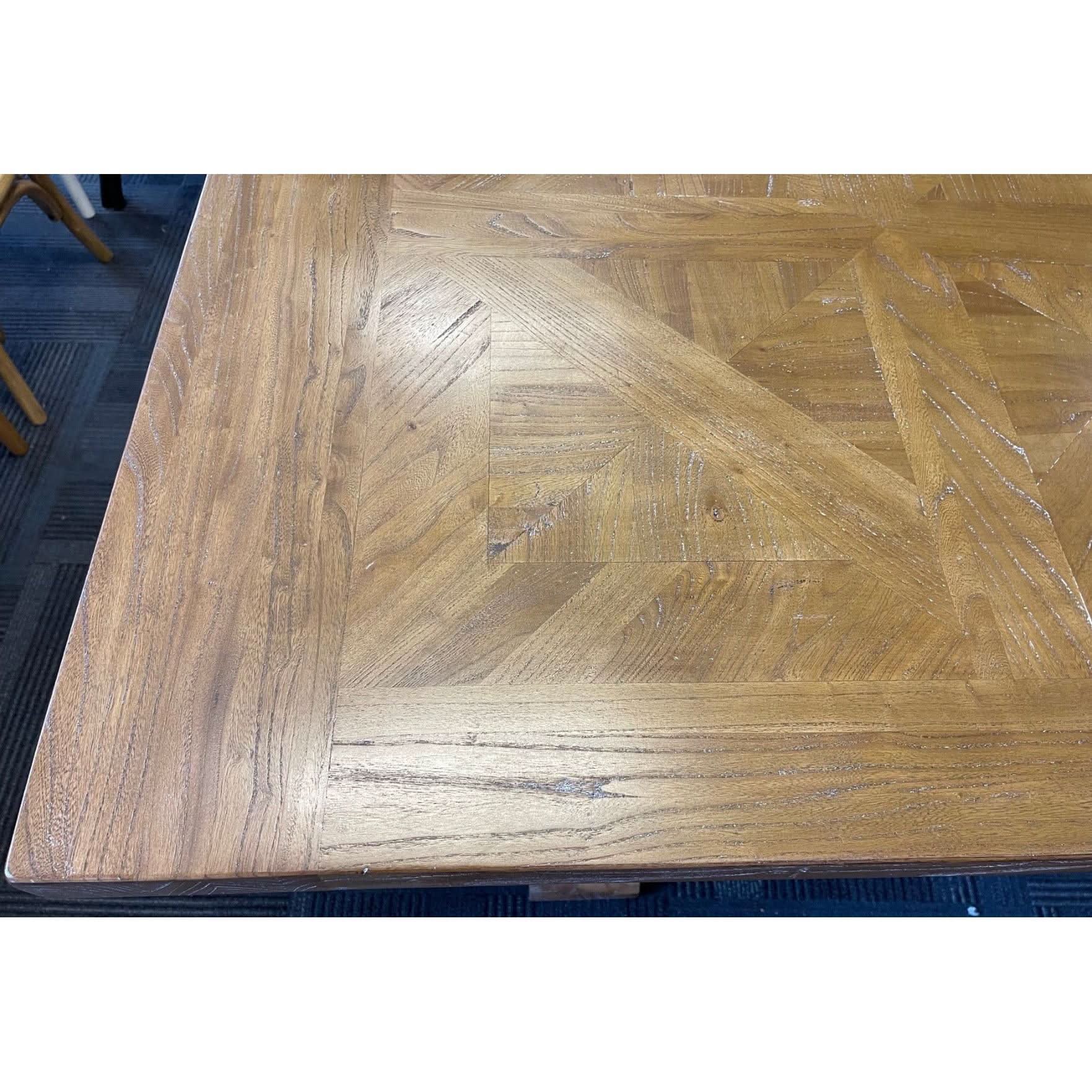 Kensit Hamptons Recycled Elm Parquetry Dining Table, 245cm with White Legs - Chocolate Wood