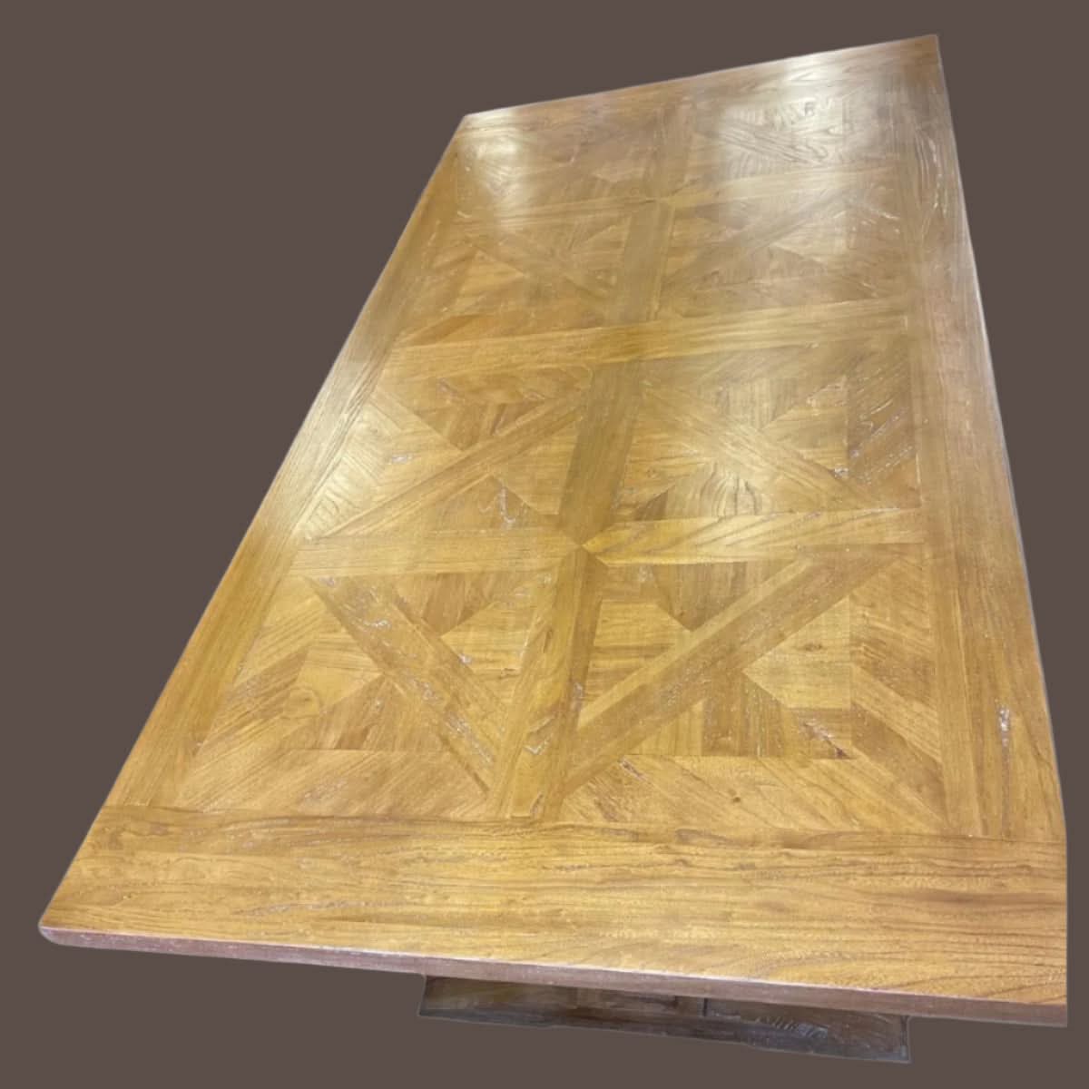 Kensit Hamptons Recycled Elm Parquetry Dining Table, 245cm in Natural - Chocolate Wood