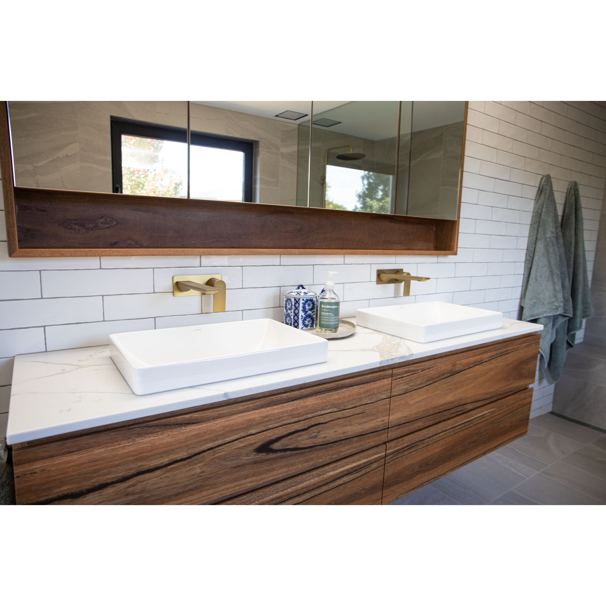 KIMBERLY CUSTOM MADE SOLID SPOTTED GUM VANITY + MIRROR - MyChocolateWood