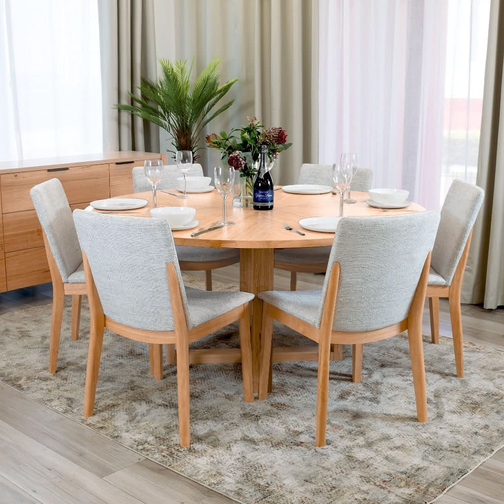 KIPLING 7 PIECE MESSMATE TIMBER ROUND DINING TABLE SET NATURAL/6 KIPLING DINING CHAIRS - MyChocolateWood